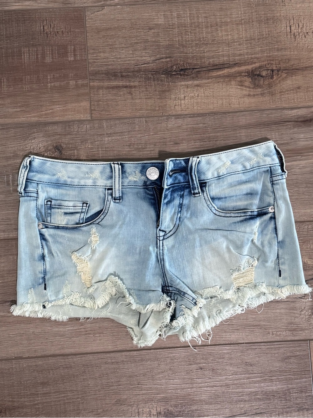 Express Light Blue Distressed Denim Cutoff Low Rise Shorts